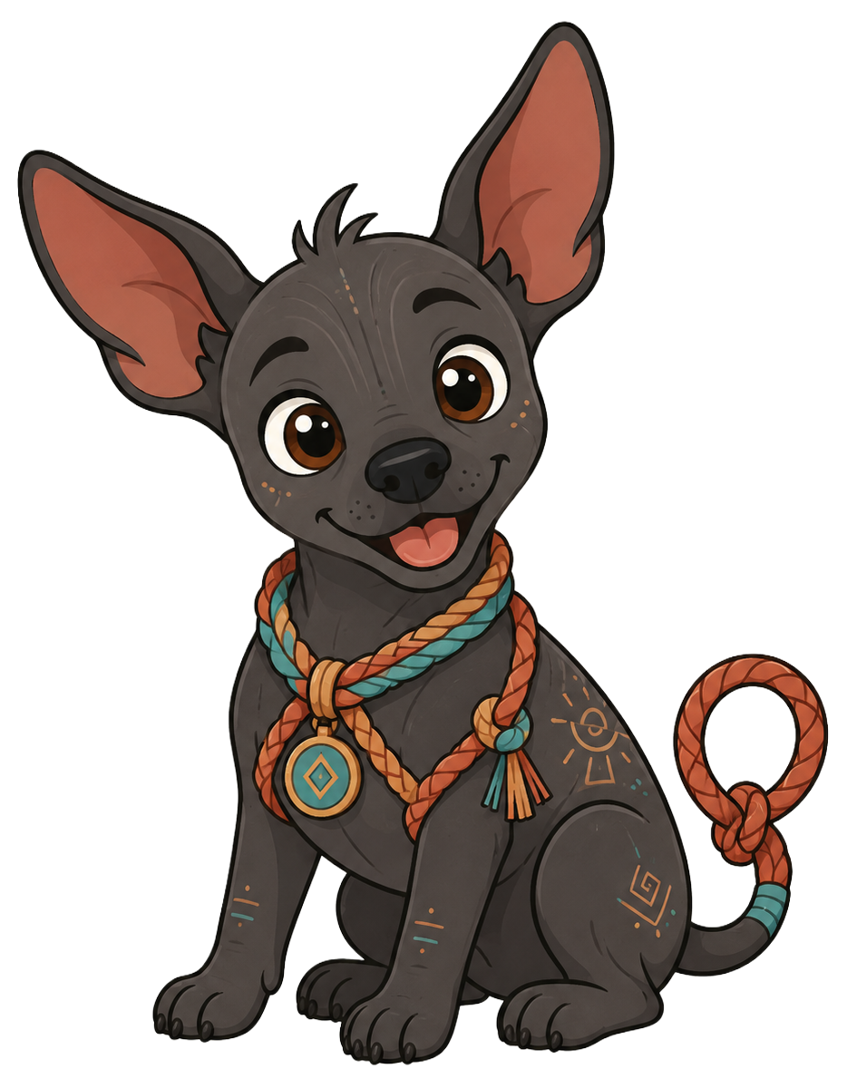 Mecatito, the Mecatl mascot, a Xoloitzcuintli puppy wearing a teal rope collar with Mesoamerican markings